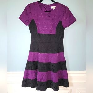 Belle Badgley Mischka Dress Womens Purple Black Striped Floral Jacquard